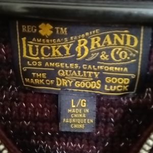 NWOT LUCKY BRAND burgundy black and white zippered front sweater, Size Large